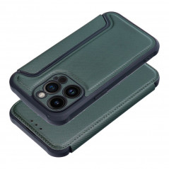 Apple iPhone 14 Pro Portefeuilles Razor Book Fibre de carbone, Modèle de carbone Vert foncé
