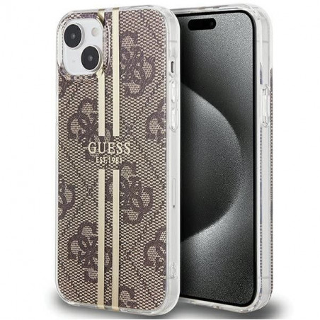 Apple iPhone 15 Coque Guess 4G Gold Stripe Élégant  Brun