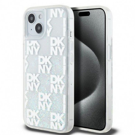 Apple iPhone 15 Coque DKNY Liquid Glitters Checkered Pattern Blanc
