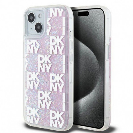 Apple iPhone 15 Coque DKNY Liquid Glitters Checkered Pattern Rose