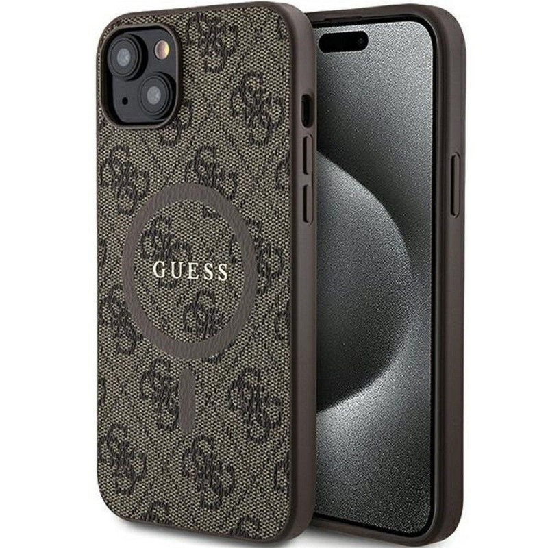 Apple iPhone 15 Plus Coque Guess Leather 4G Metal Logo Brun
